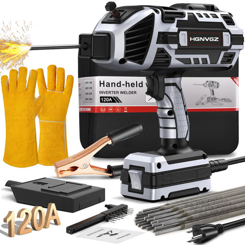 HGNVGZ handheld arc welder showing 20-120A output for versatile on-site repairs