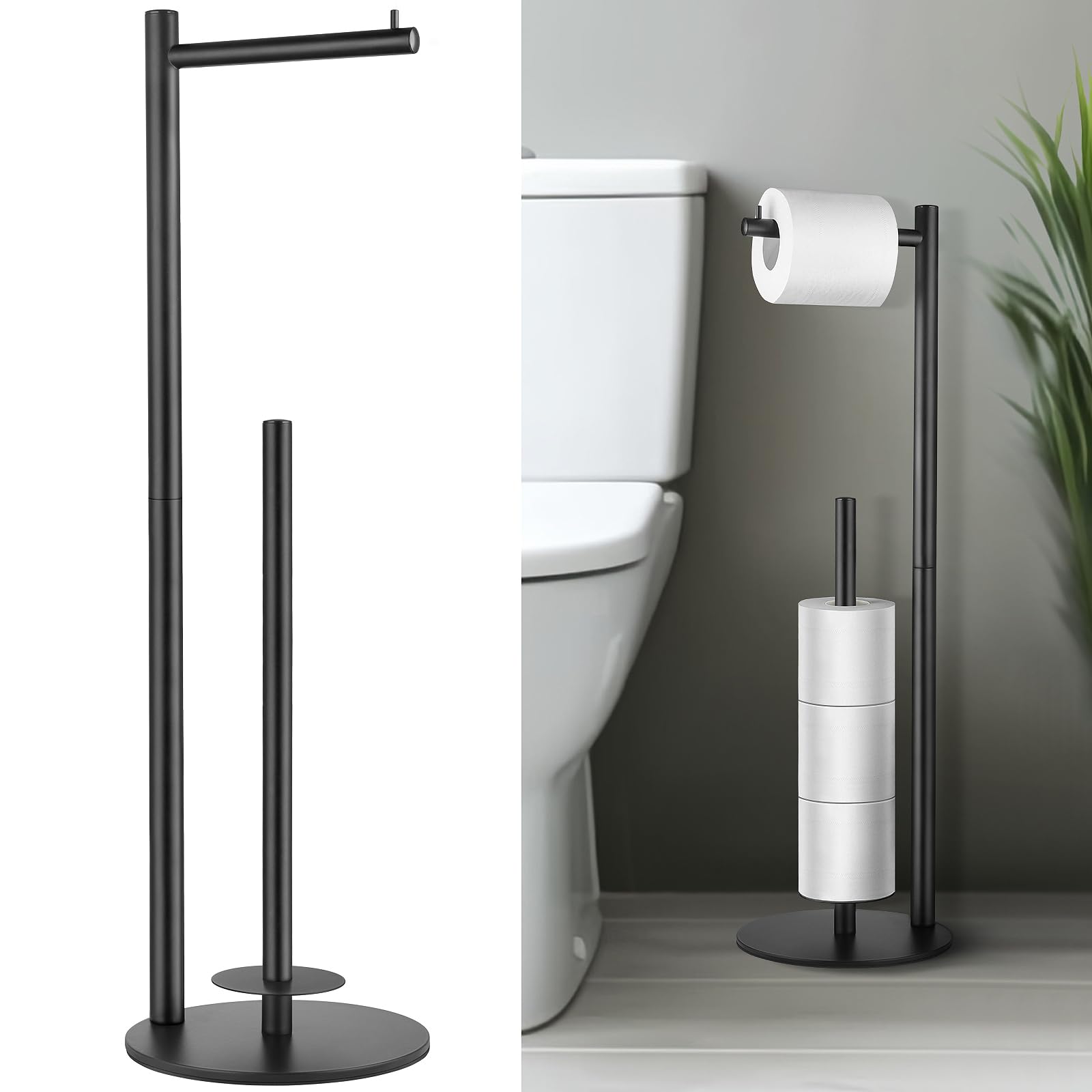 HHAOLUDUO standing toilet paper holder with storage keeps rolls handy and organized.