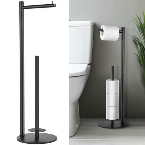 HHAOLUDUO standing toilet paper holder with storage keeps rolls handy and organized.