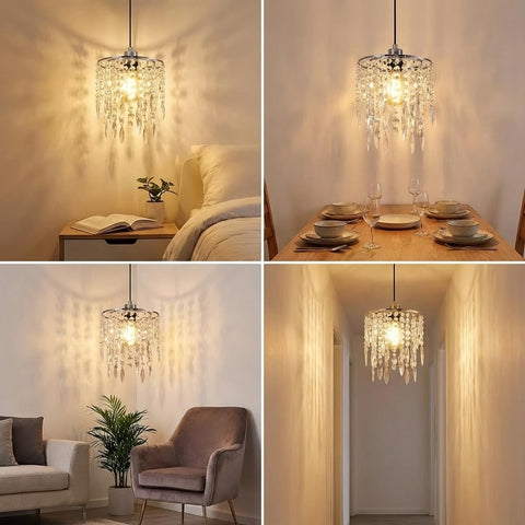 Hi-ERA chandelier shade side profile reveals chrome rings and beadwork highlight.