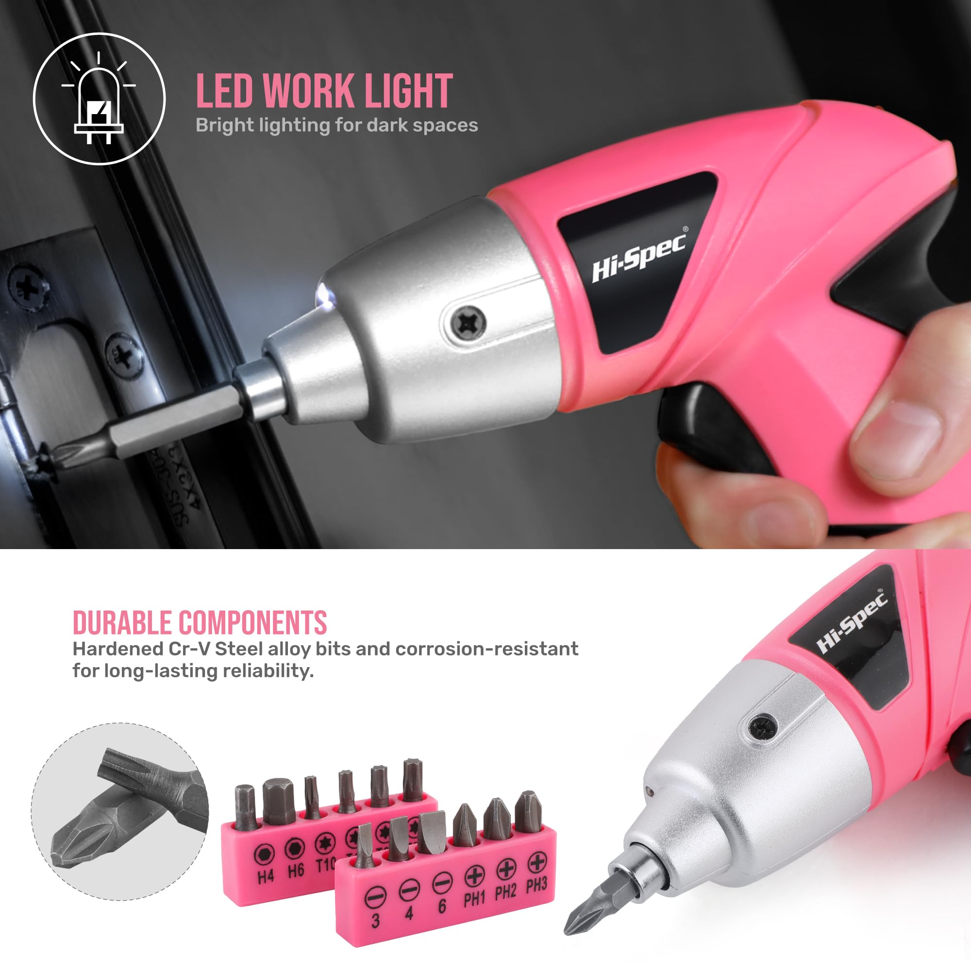 Hi-Spec 1300 mAh Li-ion battery powers extended use in a pink screwdriver