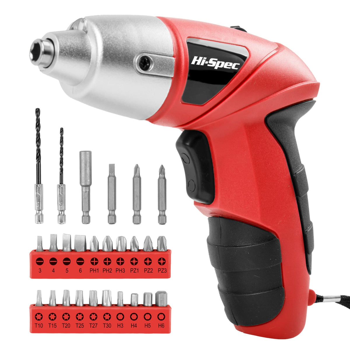 Hi-Spec 27pc red screwdriver set, front view, highlighting cordless convenience for quick home repairs.