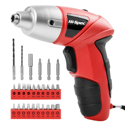 Hi-Spec 27pc red screwdriver set, front view, highlighting cordless convenience for quick home repairs.