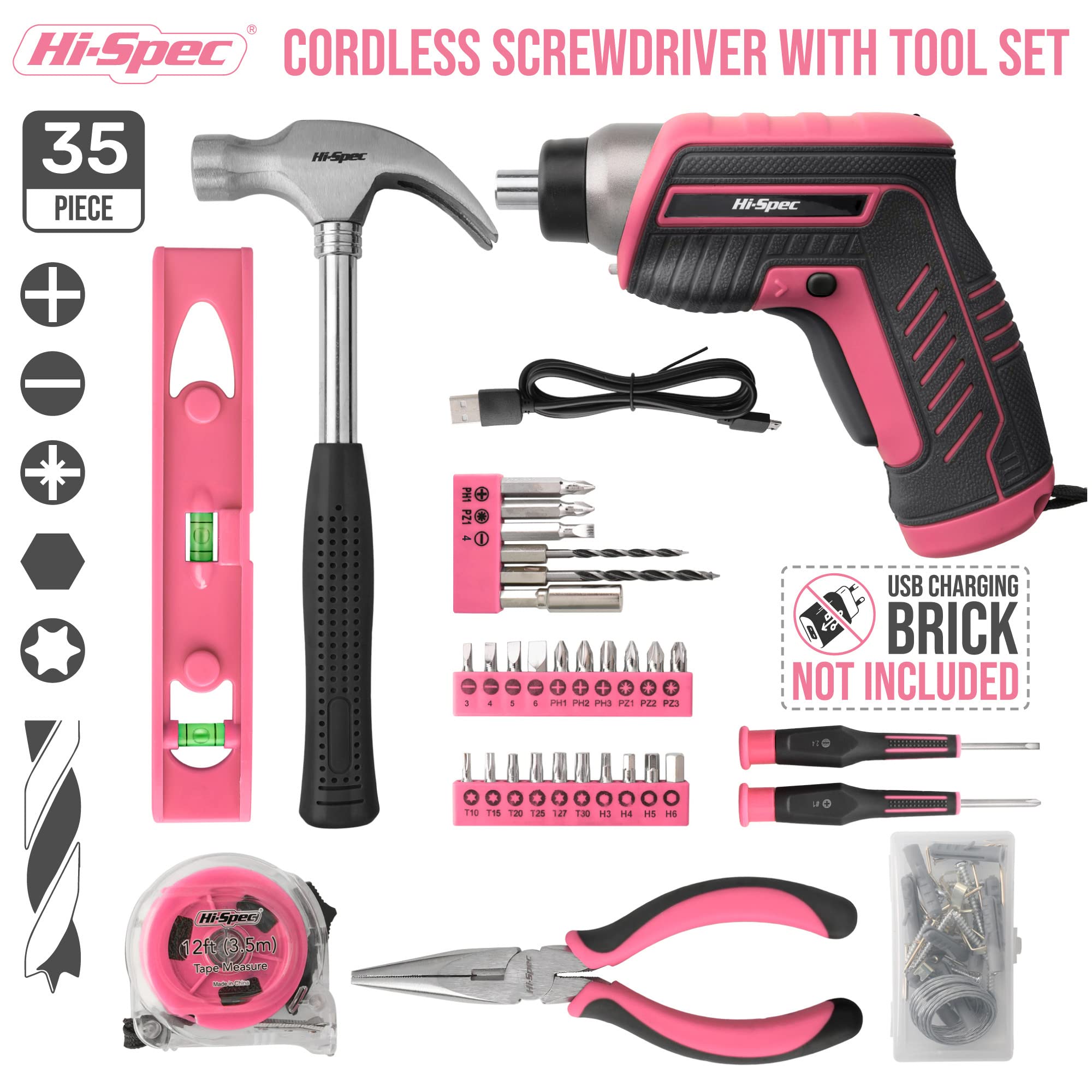 Hi-Spec 3-6V USB screwdriver in pink finish for on-the-go fastening.