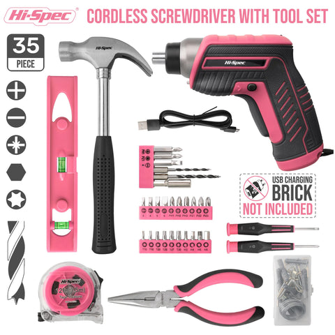 Hi-Spec 3-6V USB screwdriver in pink finish for on-the-go fastening.