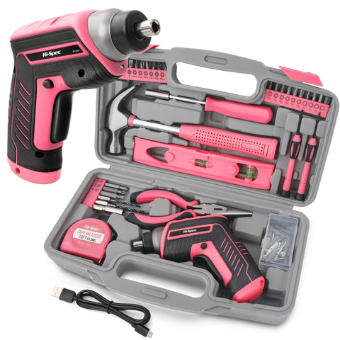 Hi-Spec 35-piece pink tool kit in a case for quick home projects.