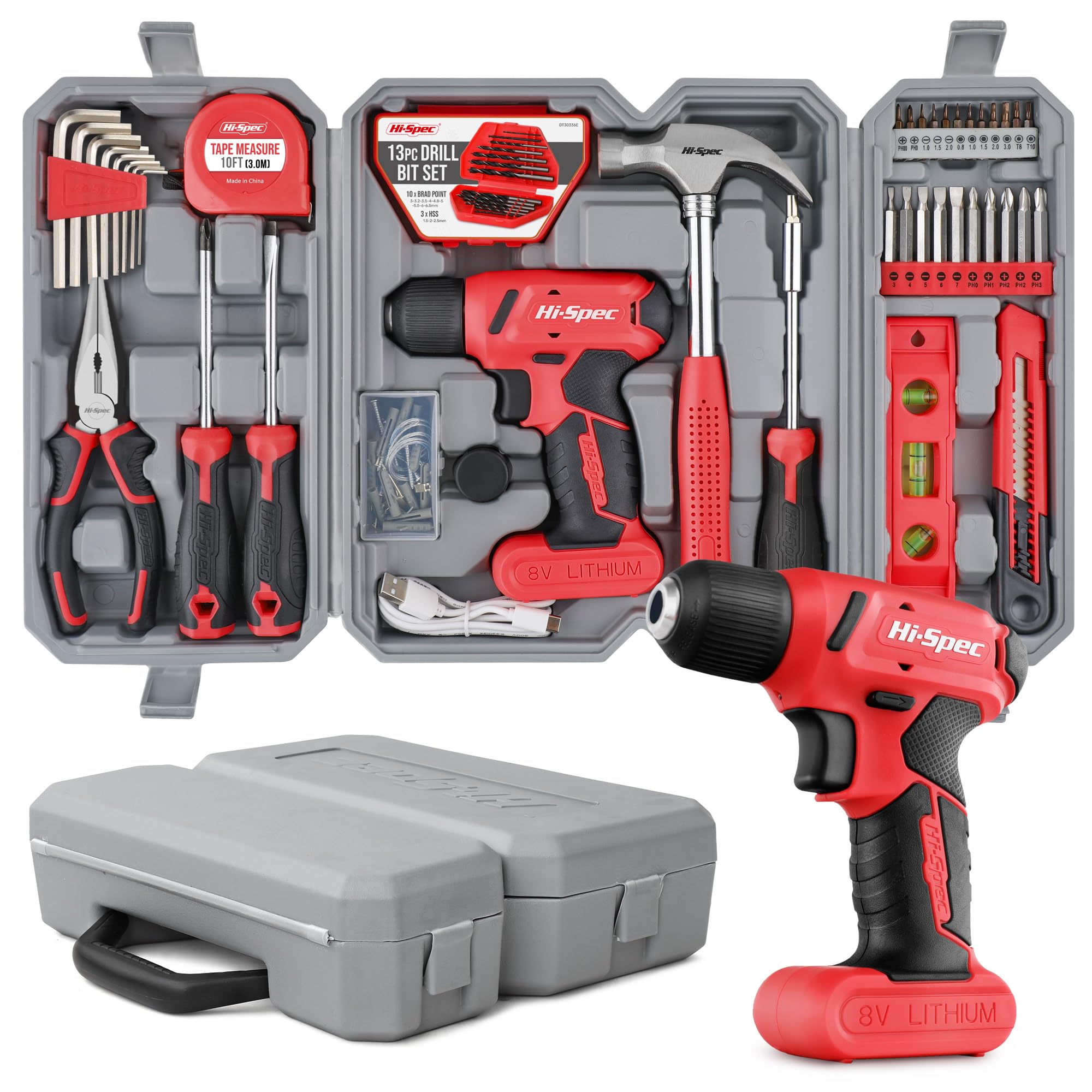 Hi-Spec 58pc red 8V drill set shown as a comprehensive home repair kit for quick fixes.