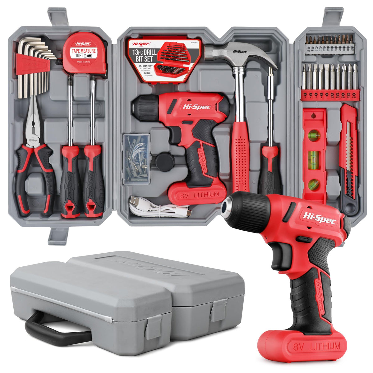 Hi-Spec 58pc red 8V drill set shown as a comprehensive home repair kit for quick fixes.