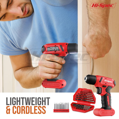 Hi-Spec cordless drill in use for light-duty drilling and quick screw driving.
