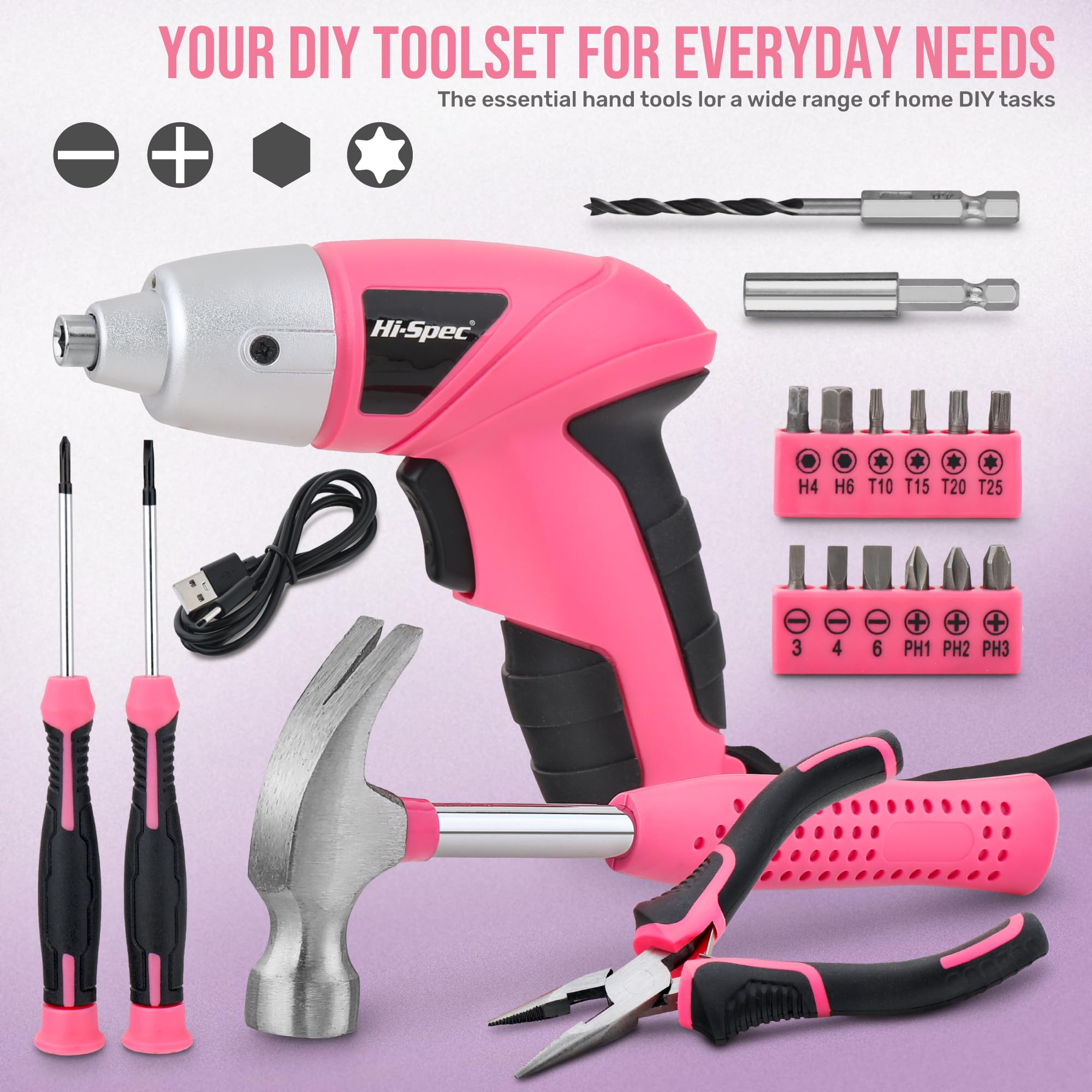 Hi-Spec cordless pink screwdriver charging via USB-C for easy DIY tasks