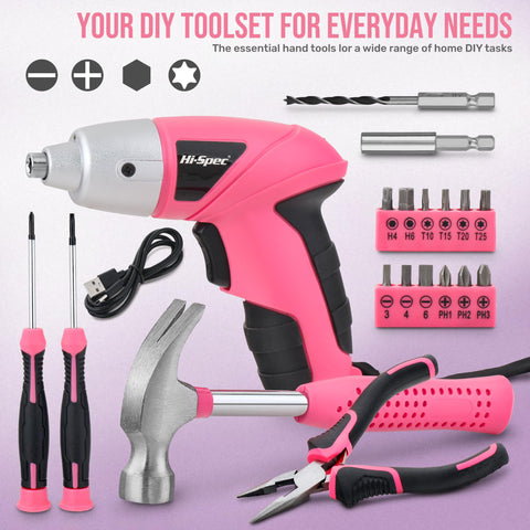 Hi-Spec cordless pink screwdriver charging via USB-C for easy DIY tasks