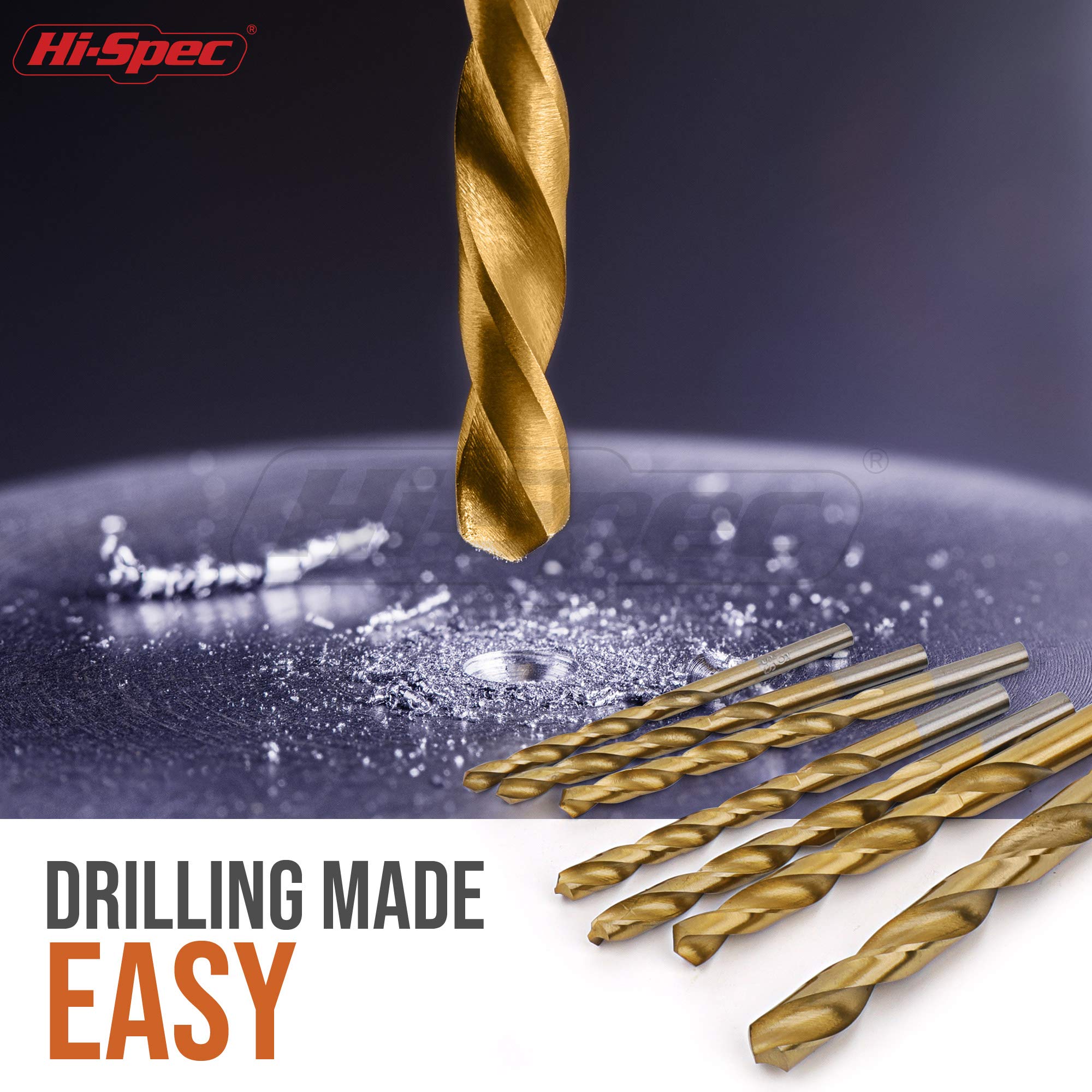 Hi-Spec TiN-coated set reduces friction for smoother drilling.