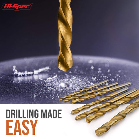 Hi-Spec TiN-coated set reduces friction for smoother drilling.