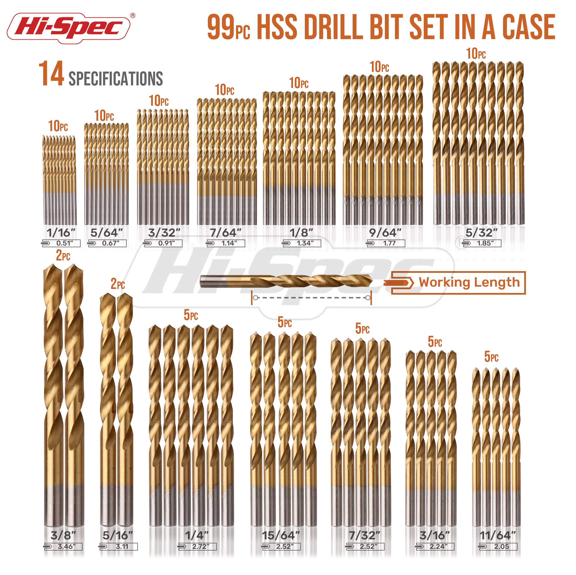 Hi-Spec 99pc TiN-coated HSS bits stay sharp longer for metal and wood work.