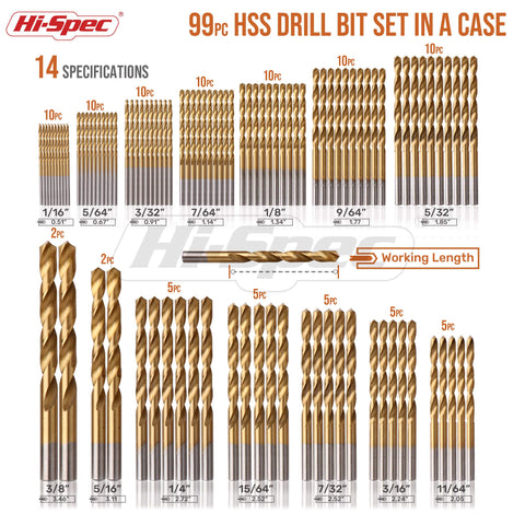 Hi-Spec 99pc TiN-coated HSS bits stay sharp longer for metal and wood work.