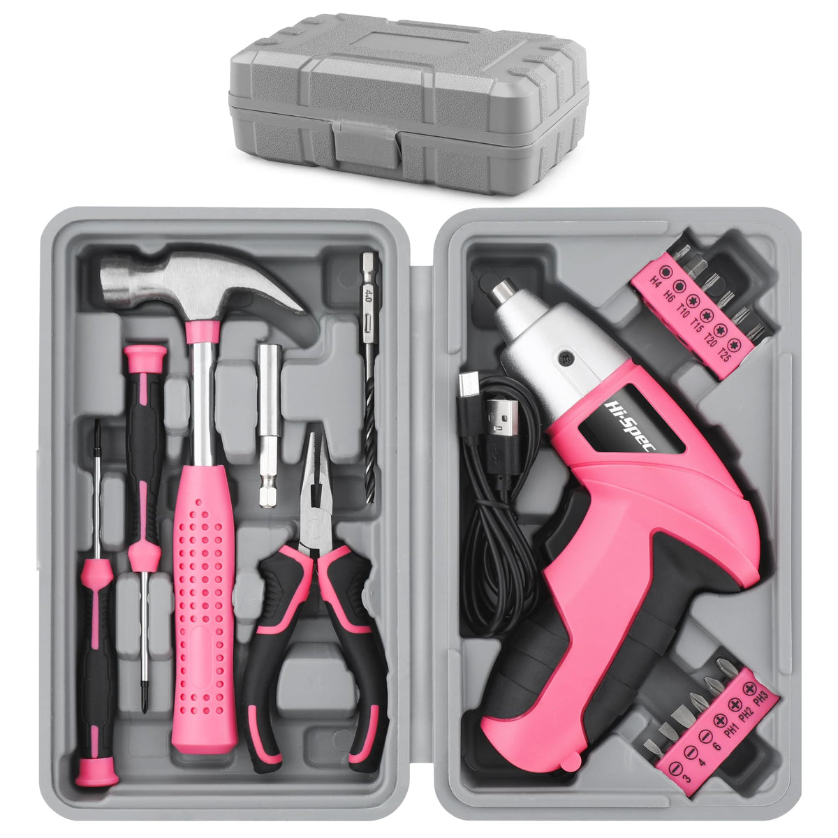 Hi-Spec pink electric screwdriver shown with compact toolbox for quick home projects