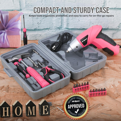 Hi-Spec pink cordless screwdriver in a compact setup for quick assembly use