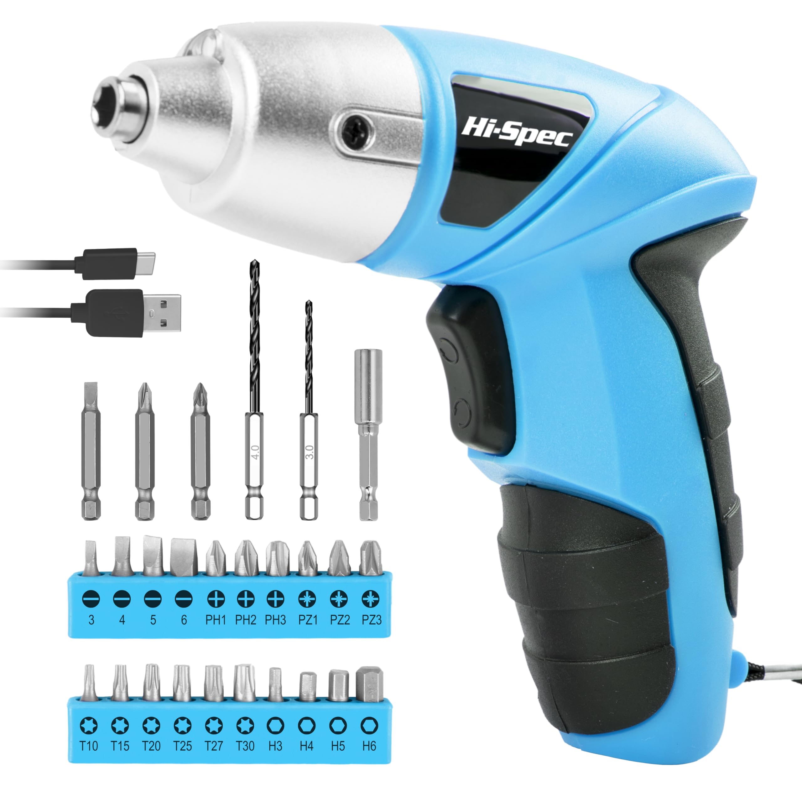 Hi-Spec blue USB cordless screwdriver charging via USB cable for quick tasks