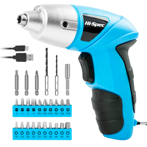 Hi-Spec blue USB cordless screwdriver charging via USB cable for quick tasks