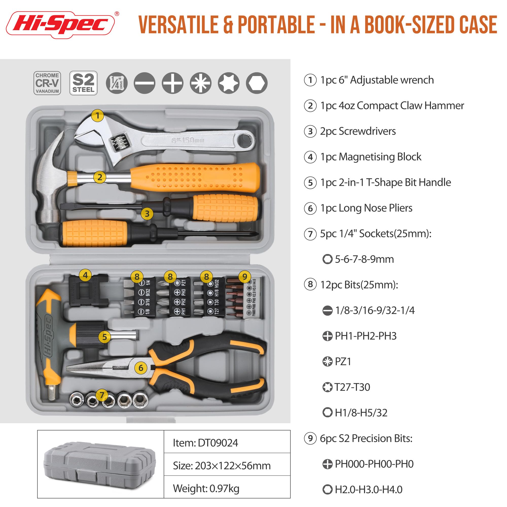 Hi-Spec compact case storing the full tool set for on the go tasks