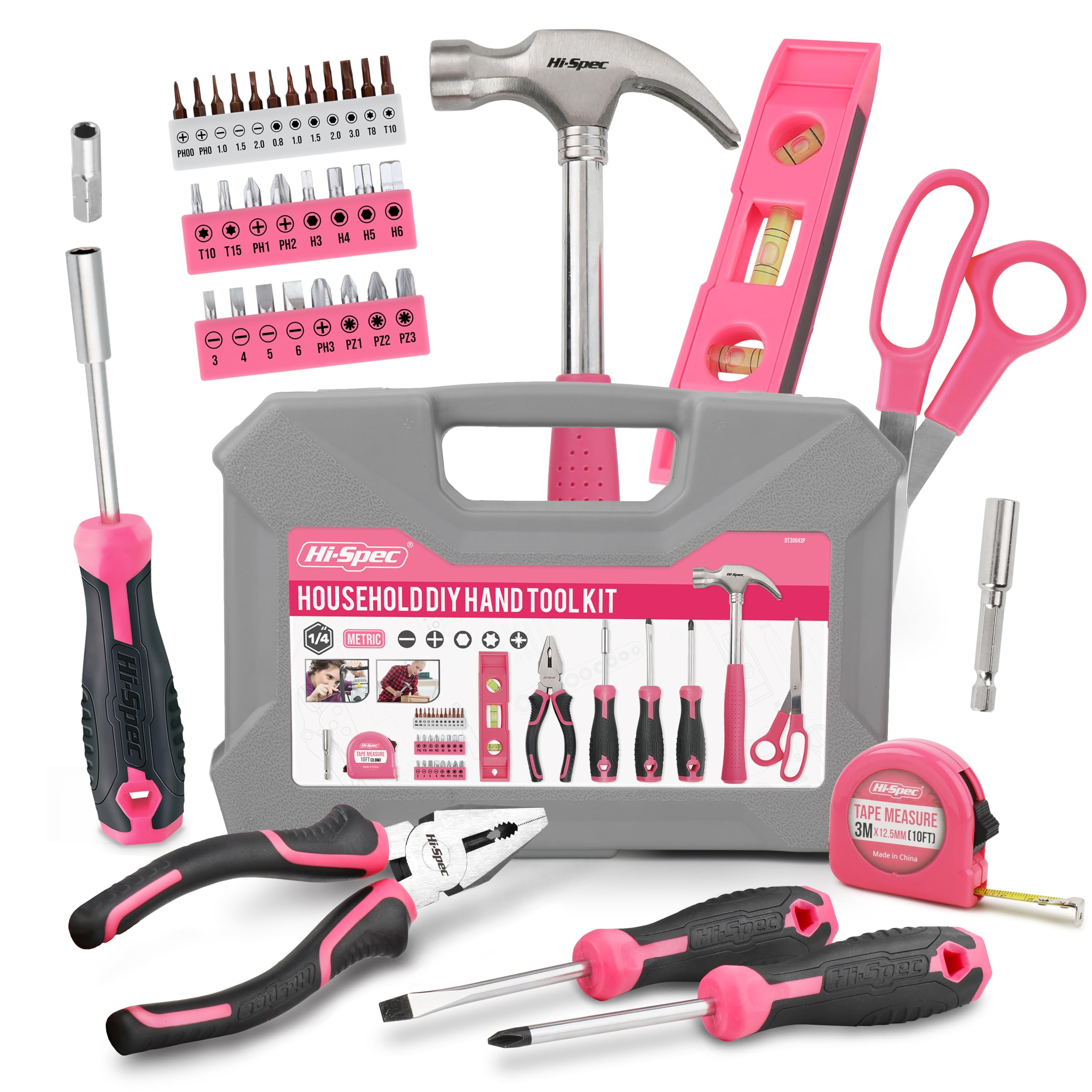 Hi-Spec 38pc pink tool kit contents organized for quick home repairs.