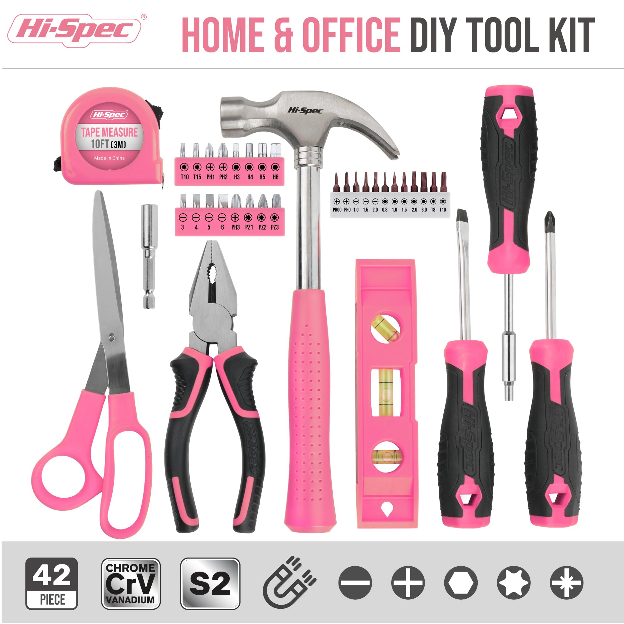 Hi-Spec pink tool kit case open shows compact storage for dorm rooms.