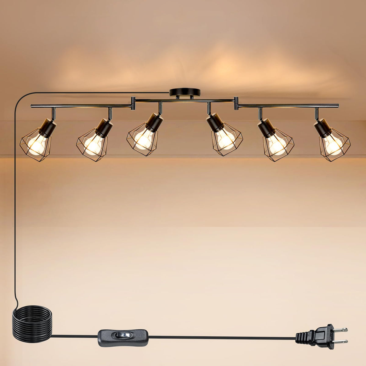 HiBay plug-in track light with geometric cage shade illuminates kitchen tasks.