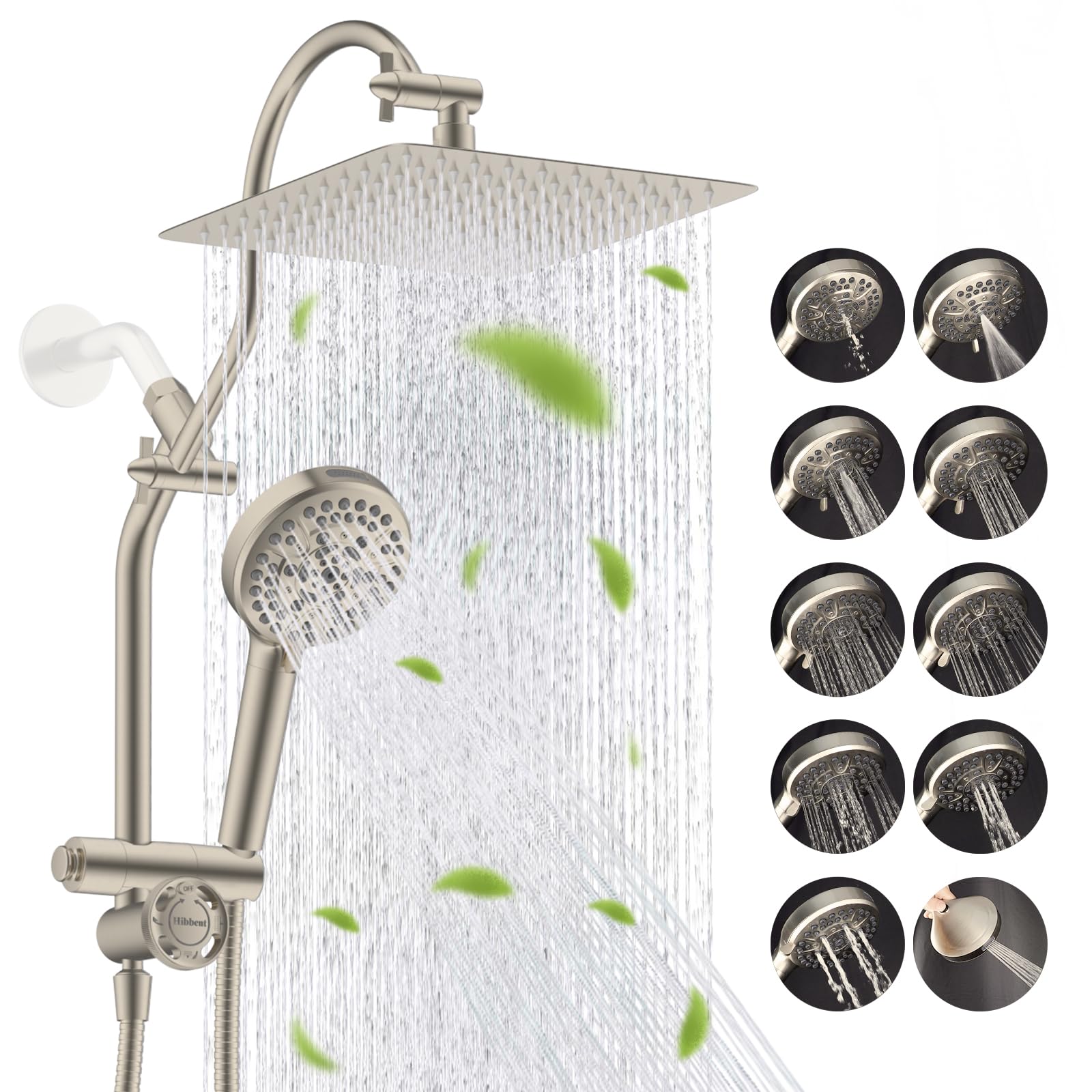 Hibbent 10-inch all-metal rainfall head delivers broad coverage with a sleek stainless finish.