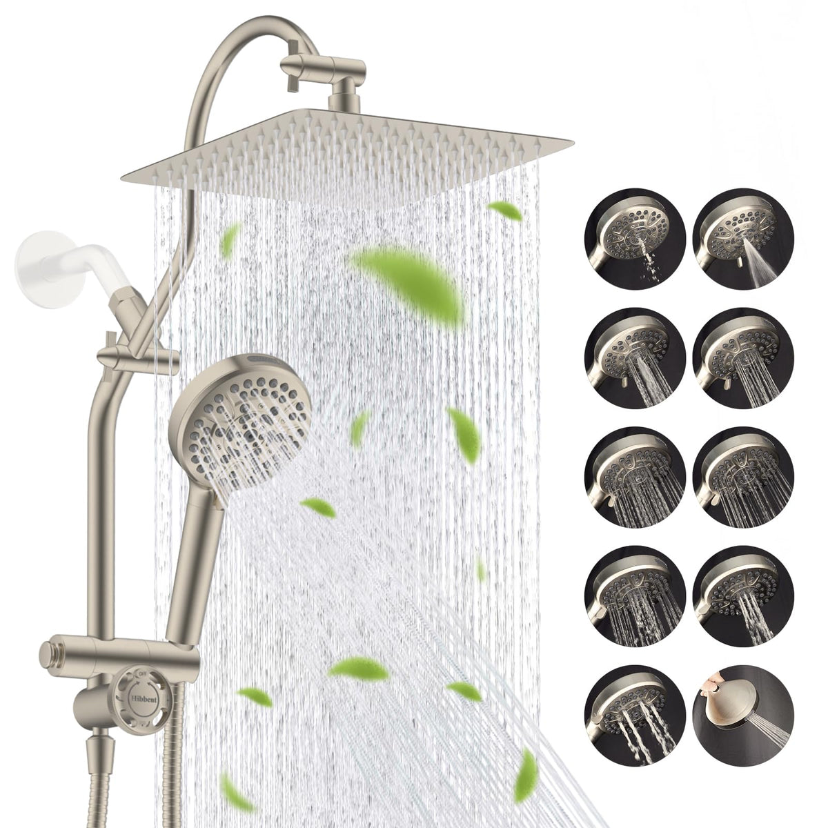 Hibbent 10-inch all-metal rainfall head delivers broad coverage with a sleek stainless finish.