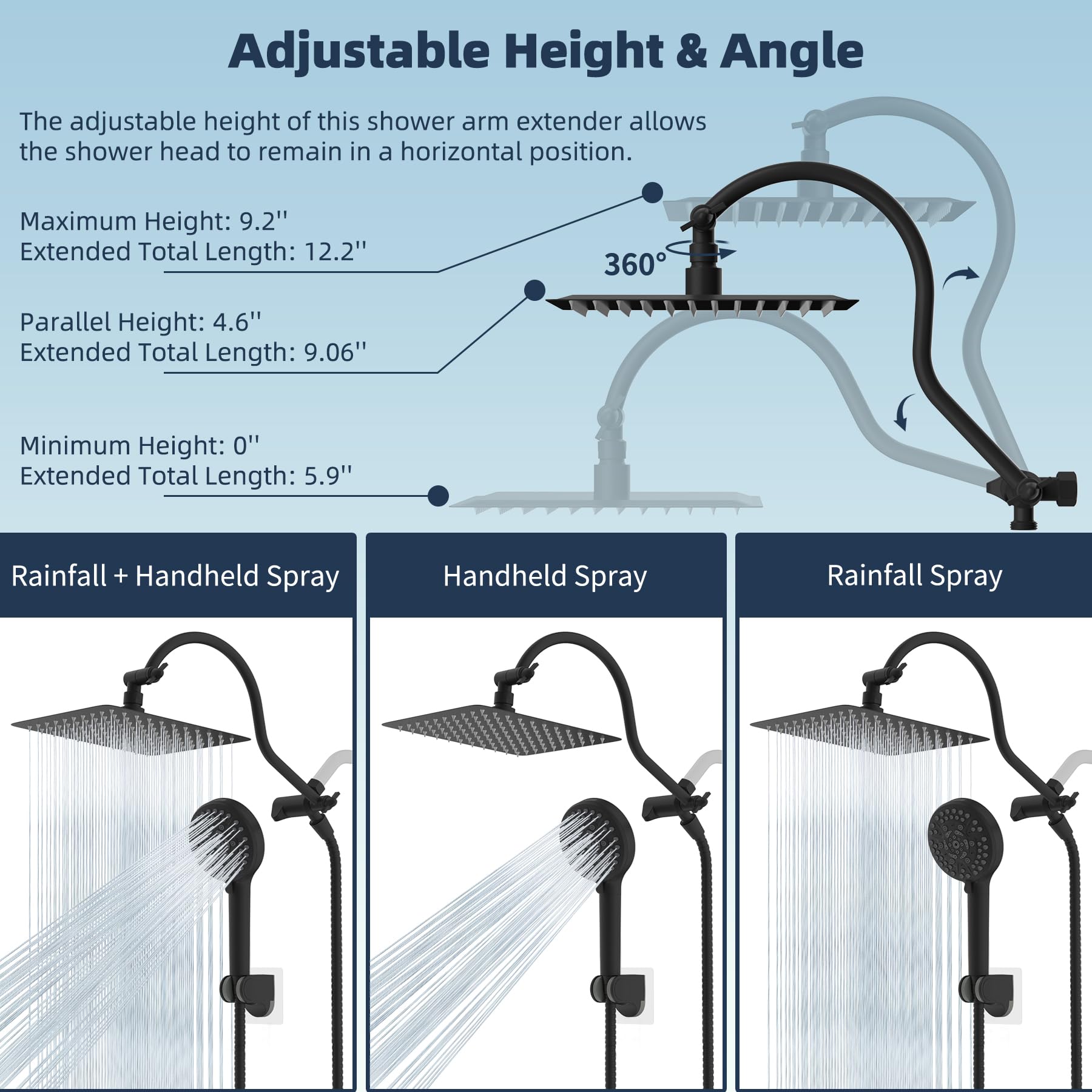 Hibbent 110-splash rainfall head enhances daily shower experience.
