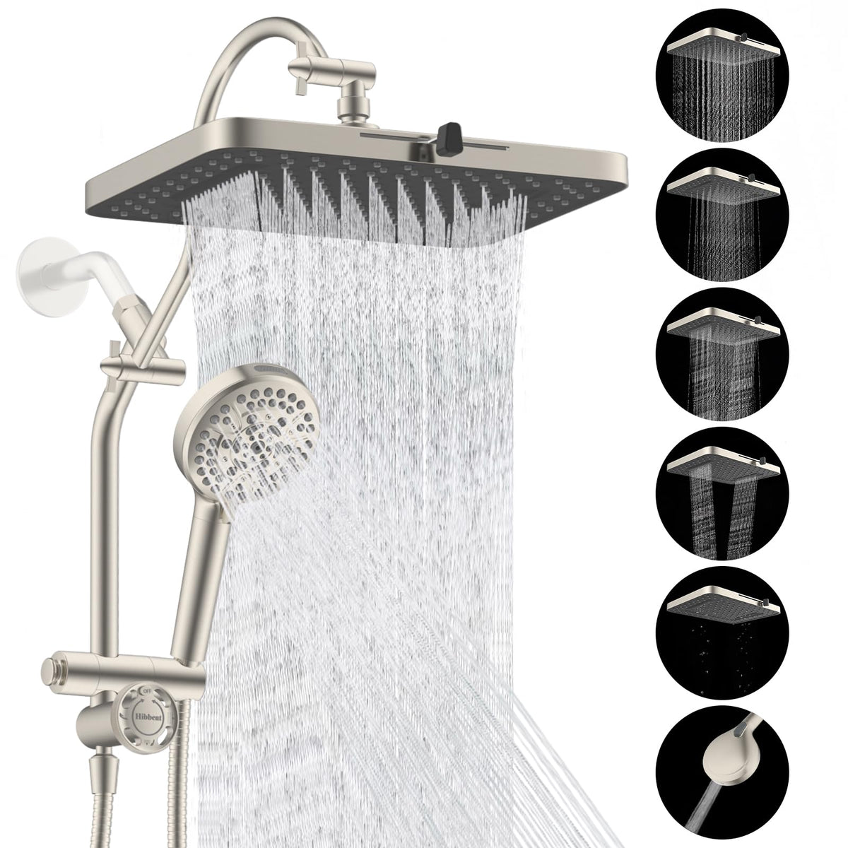 Hibbent 13-inch rainfall head with 157 jets delivers wide coverage.