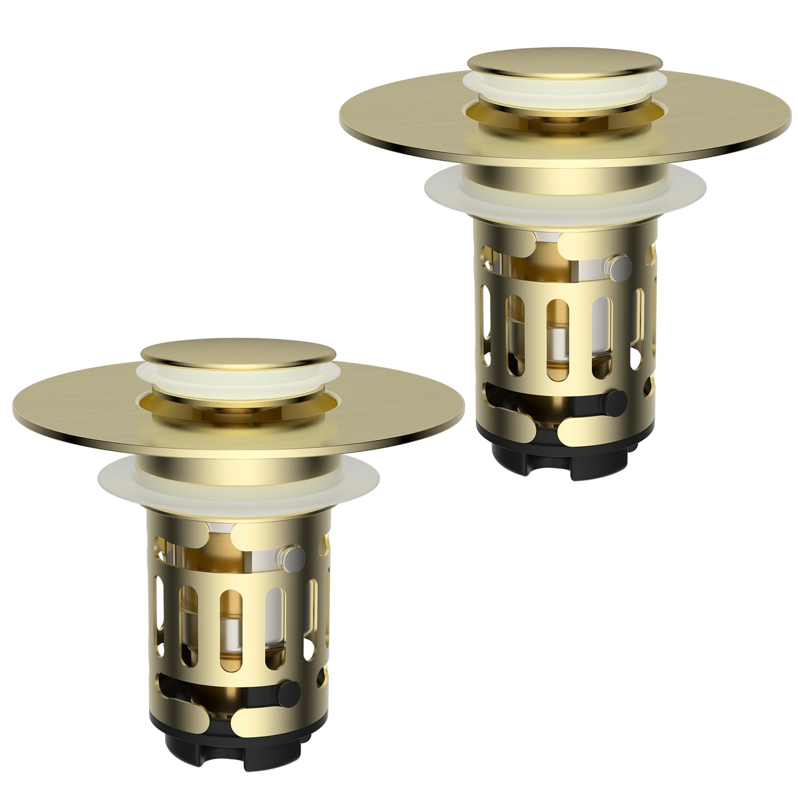 Hibbent 2 pack upgraded 3 in 1 sink strainer with brushed gold finish stores items and prevents clogs
