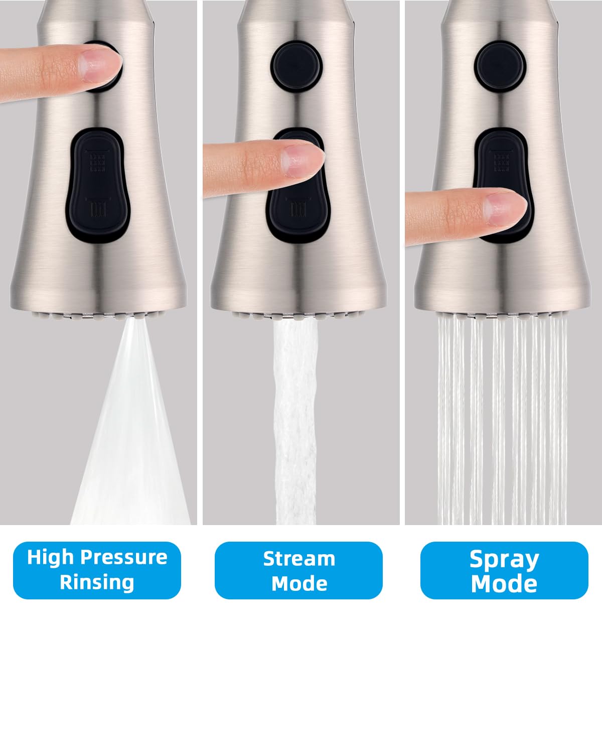 Three-function kitchen sprayer with stream, spray, and rinse modes.