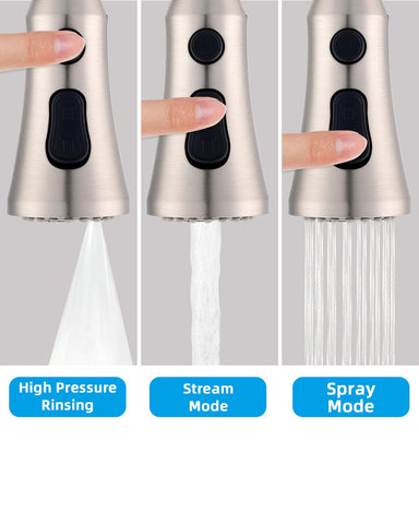 Three-function kitchen sprayer with stream, spray, and rinse modes.