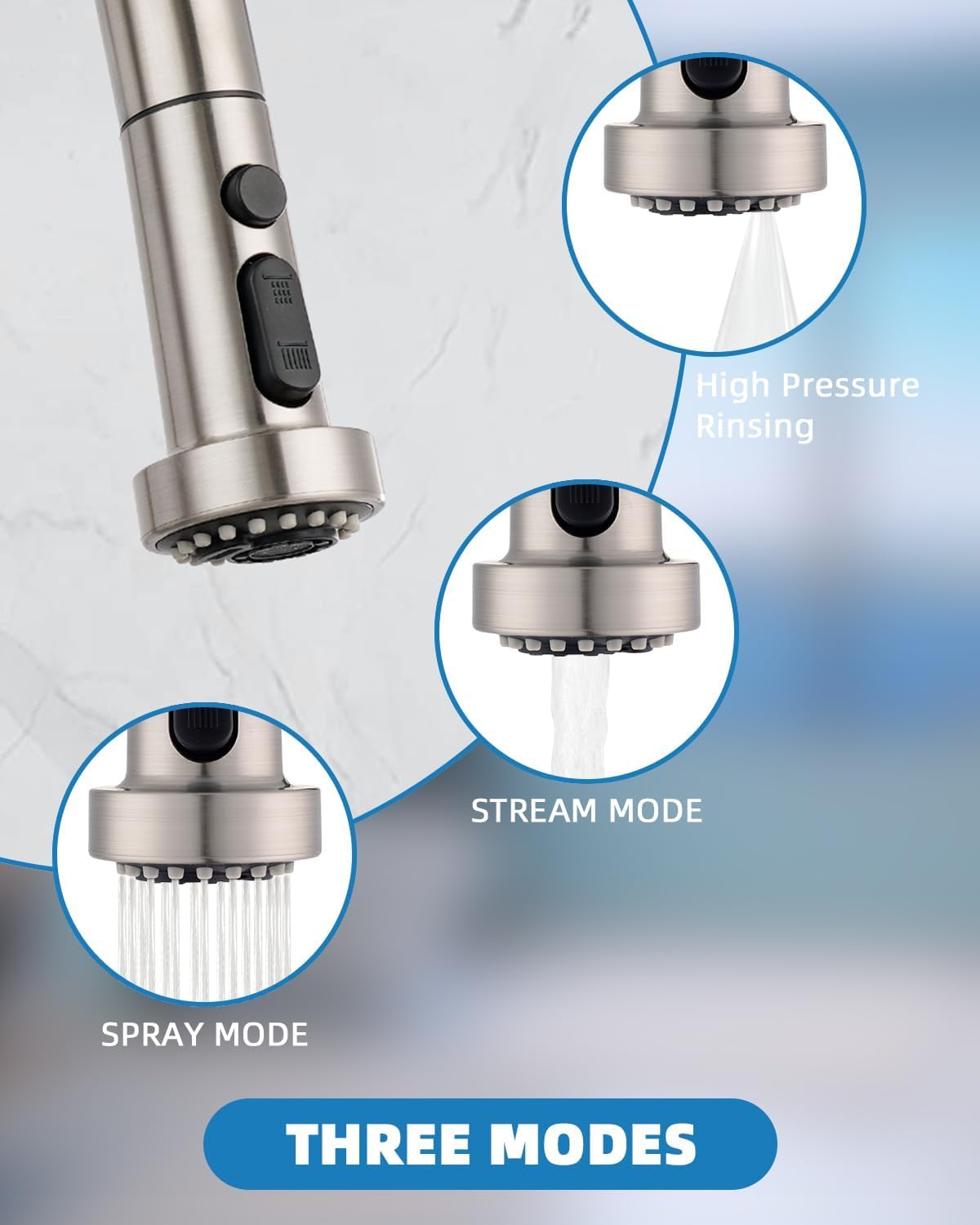 Hibbent 3-function sprayer showcases stream, spray, and rinse modes for versatile cleaning.