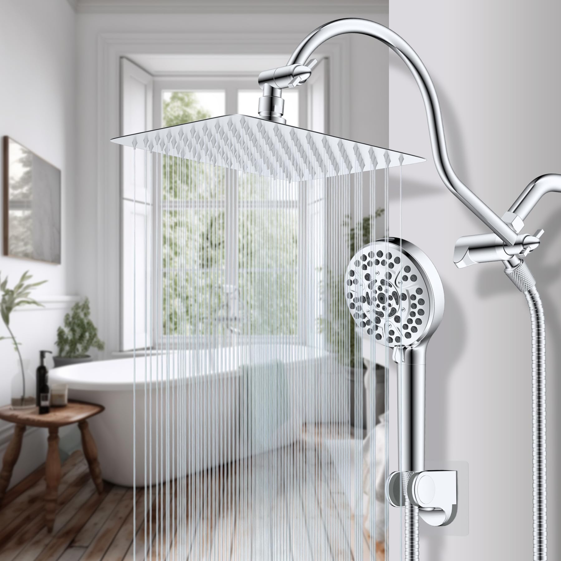 Hibbent integrated 3-way diverter enables flexible rainfall, handheld, or combined showers.