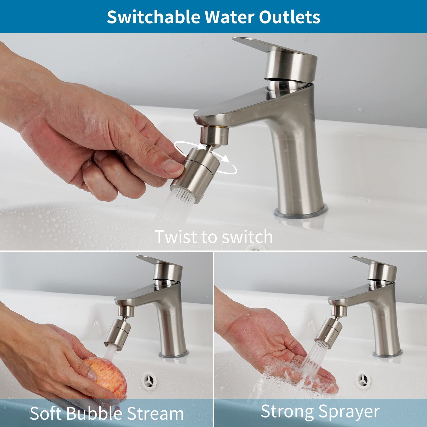 Hibbent 360-degree swivel aerator reaches every corner of the sink.