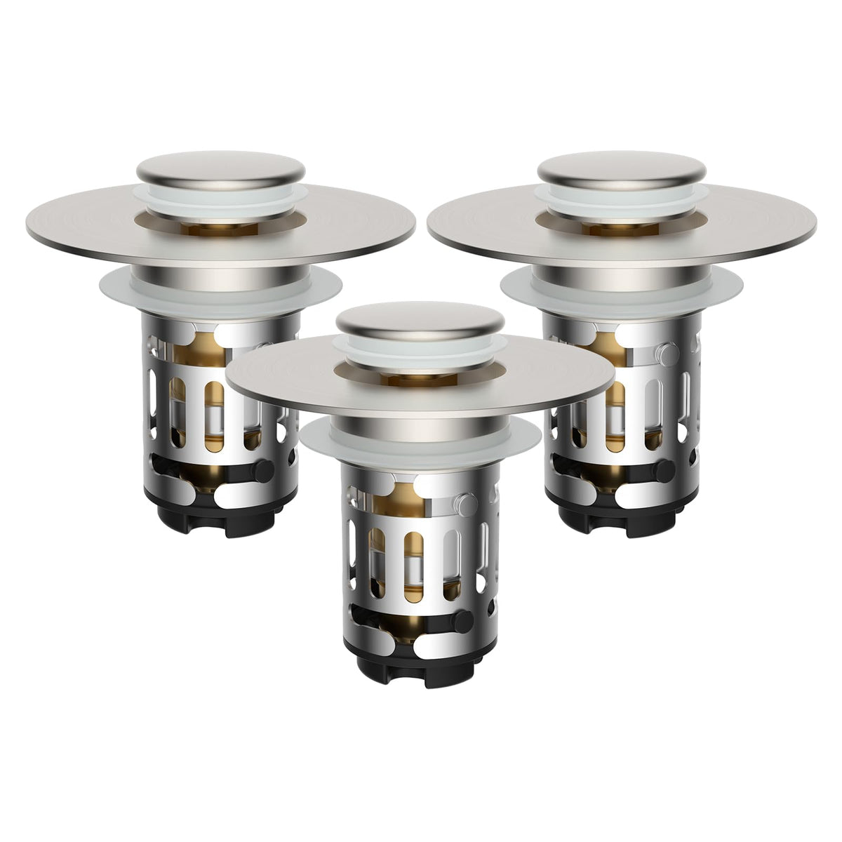Hibbent 3-in-1 sink drain strainer with pop-up stopper catches hair and debris.
