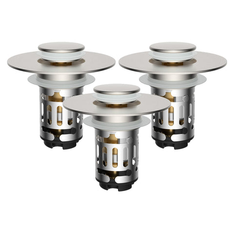 Hibbent 3-in-1 sink drain strainer with pop-up stopper catches hair and debris.