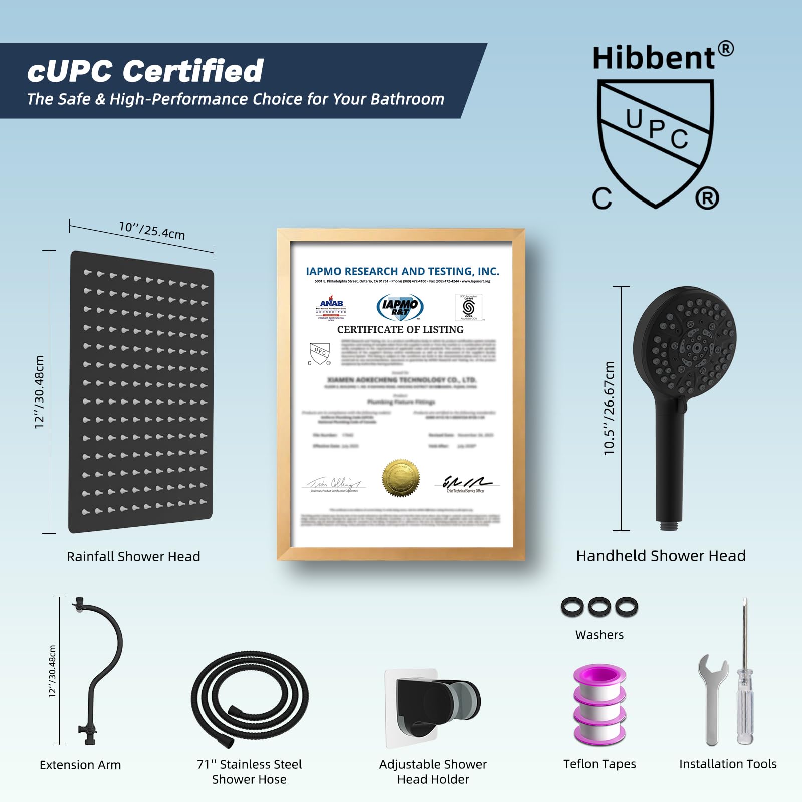 Hibbent 3-way diverter enables dual or single shower setup.
