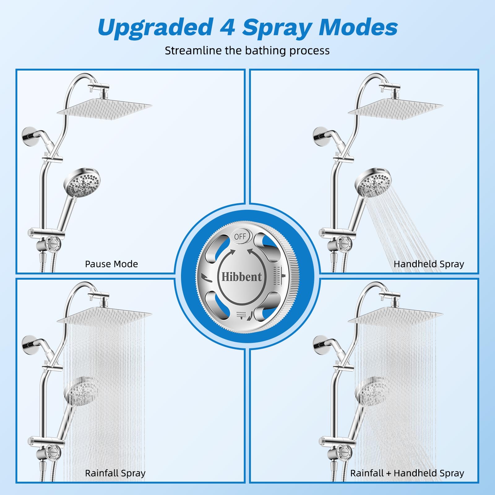 Hibbent 4-way diverter enables seamless mode switching for customized showers.