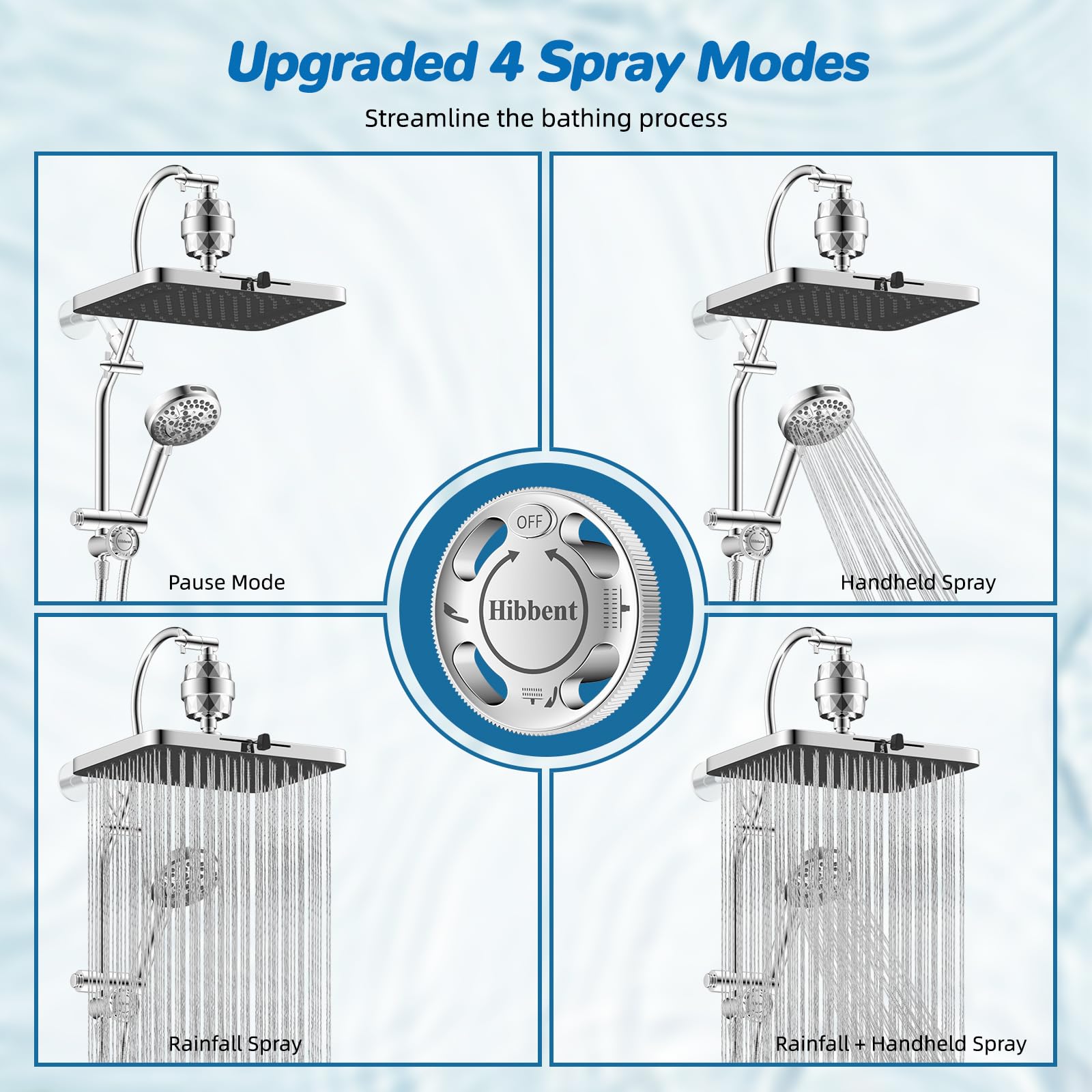 Hibbent 71-inch hose and holder provide flexible shower reach.