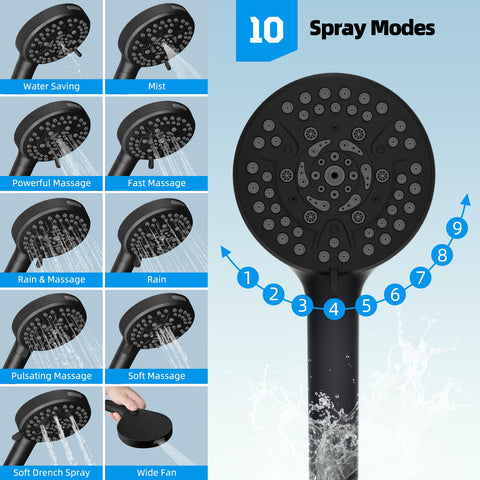 Adhesive shower holder keeps the head within easy reach.