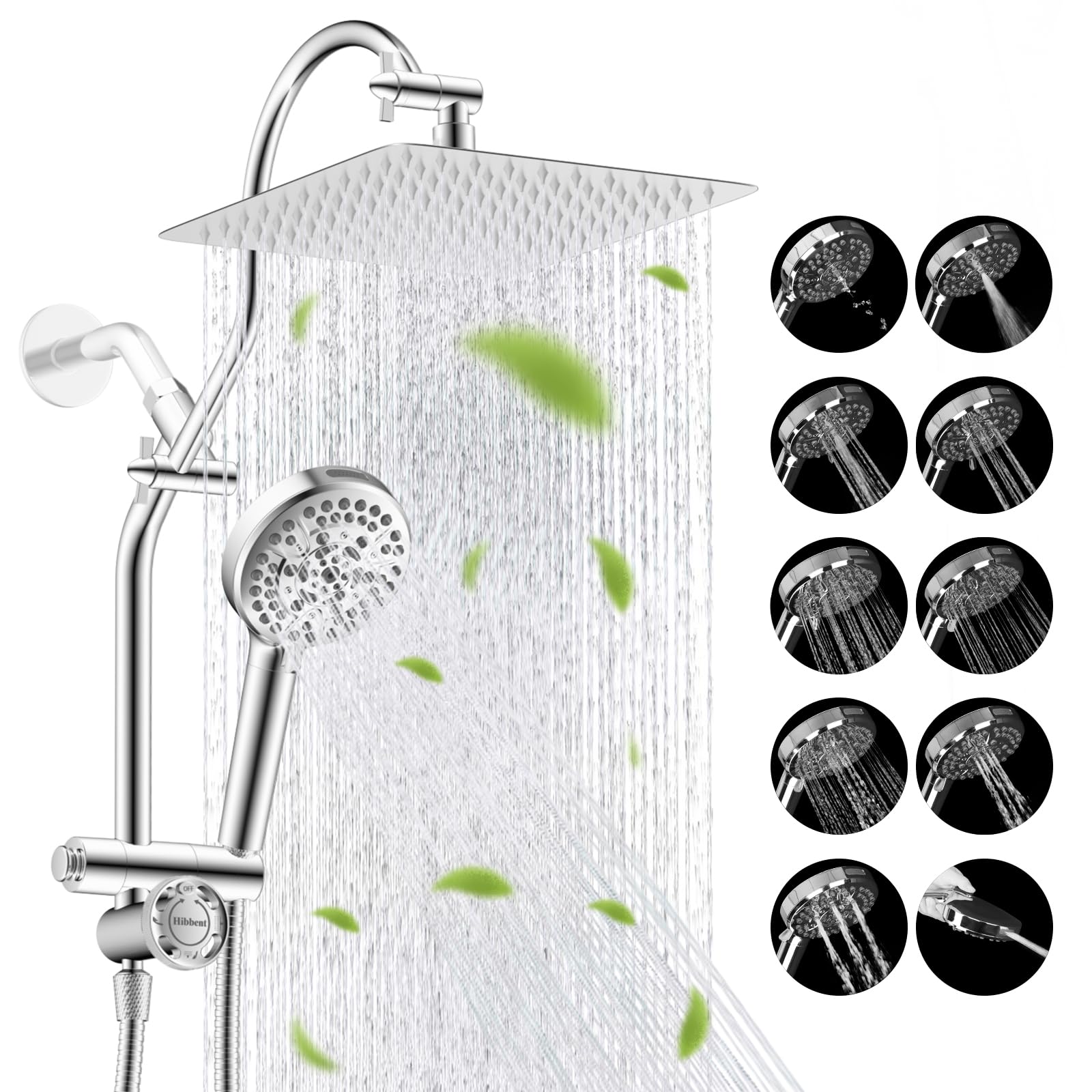 Hibbent all-metal 10-inch rainfall showerhead offers durable rust-resistant performance.