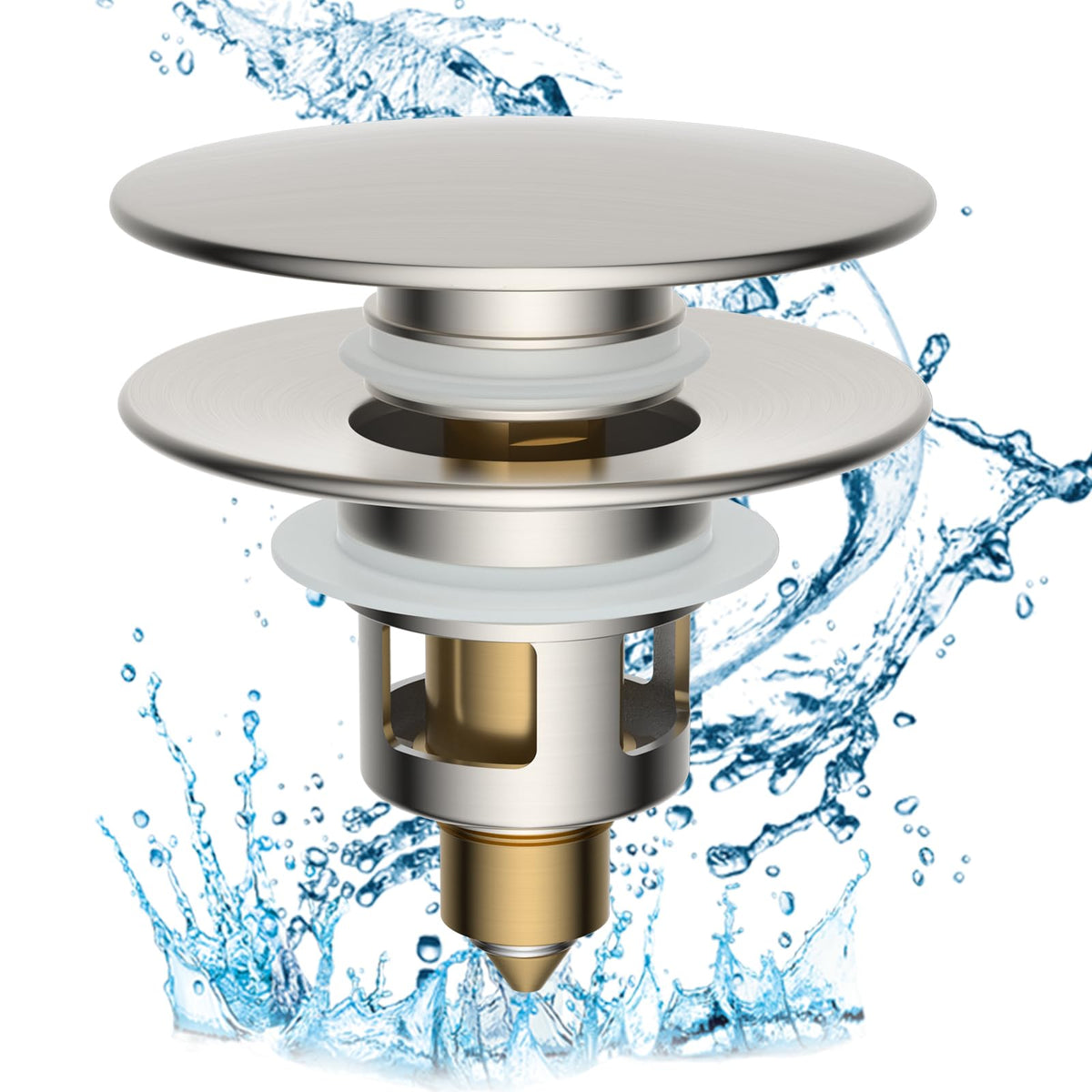 Hibbent all-metal 2-in-1 stopper shown in brushed nickel for universal sink fit