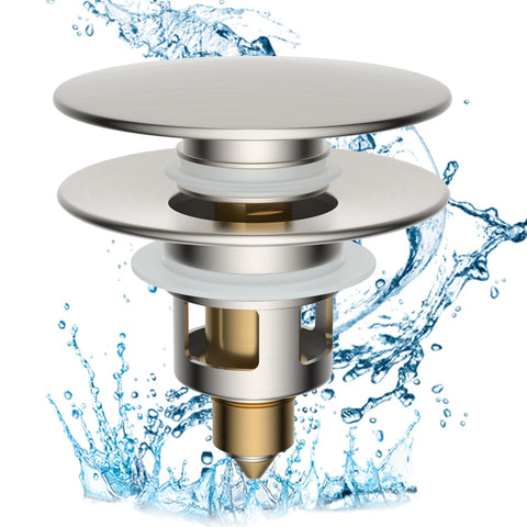 Hibbent all-metal 2-in-1 stopper shown in brushed nickel for universal sink fit