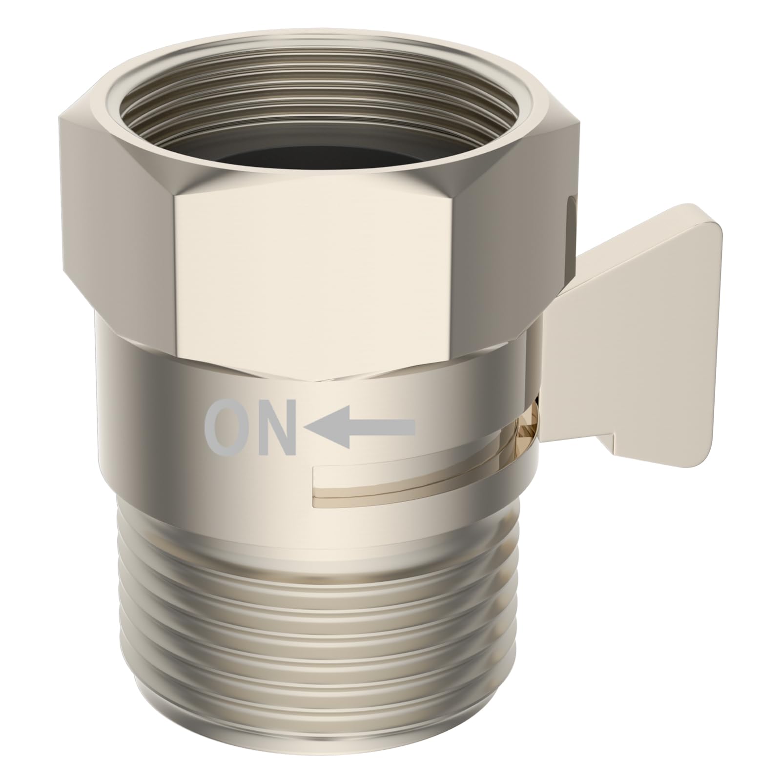 Hibbent all-metal flow control valve, brushed nickel, front view showing durable brass body