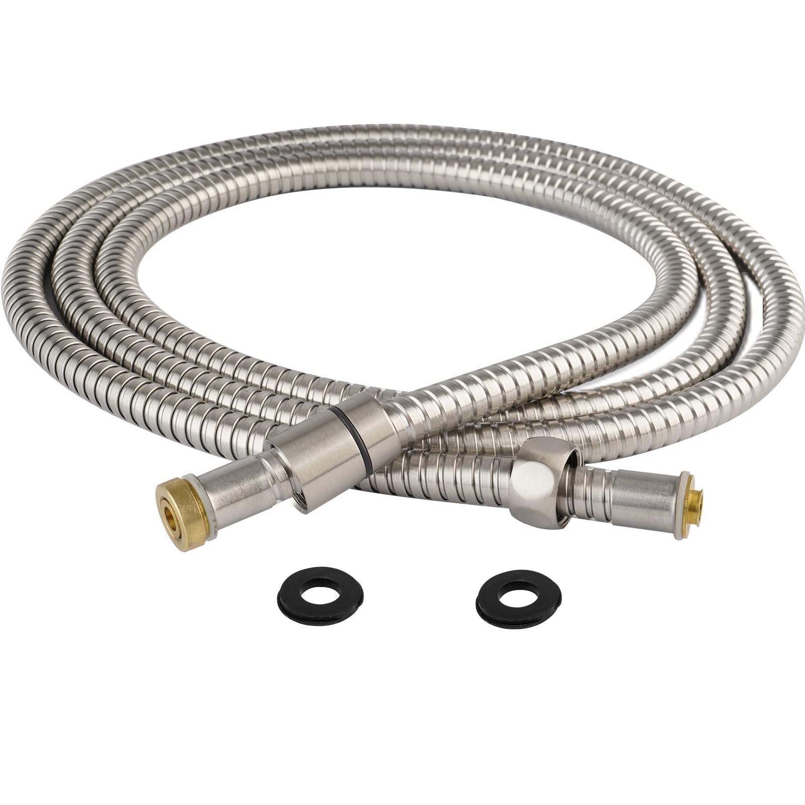 Hibbent all-metal 90-inch shower hose in brushed nickel for extended reach and durability.