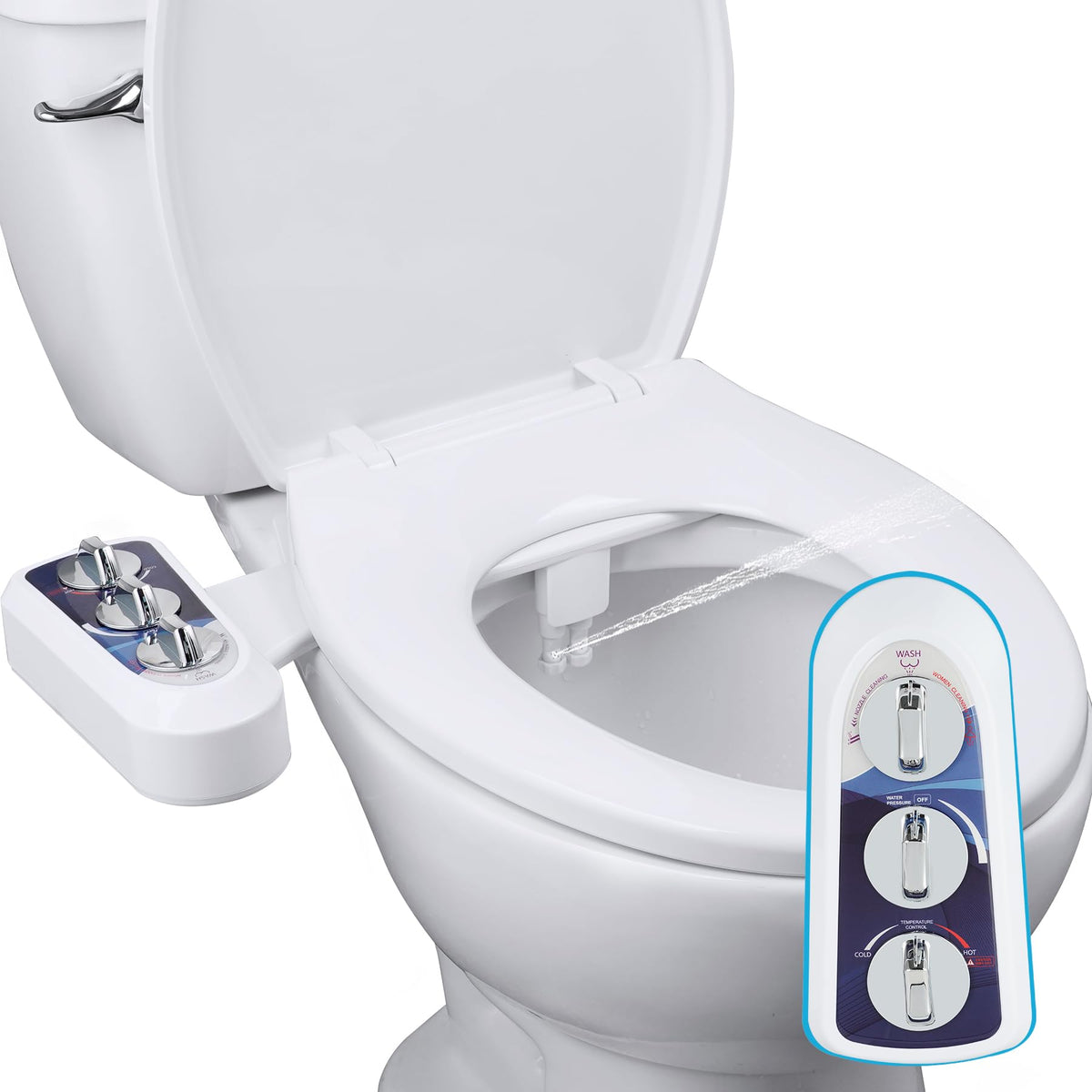 Hibbent bidet attachment with dual nozzle for rear and front washing.