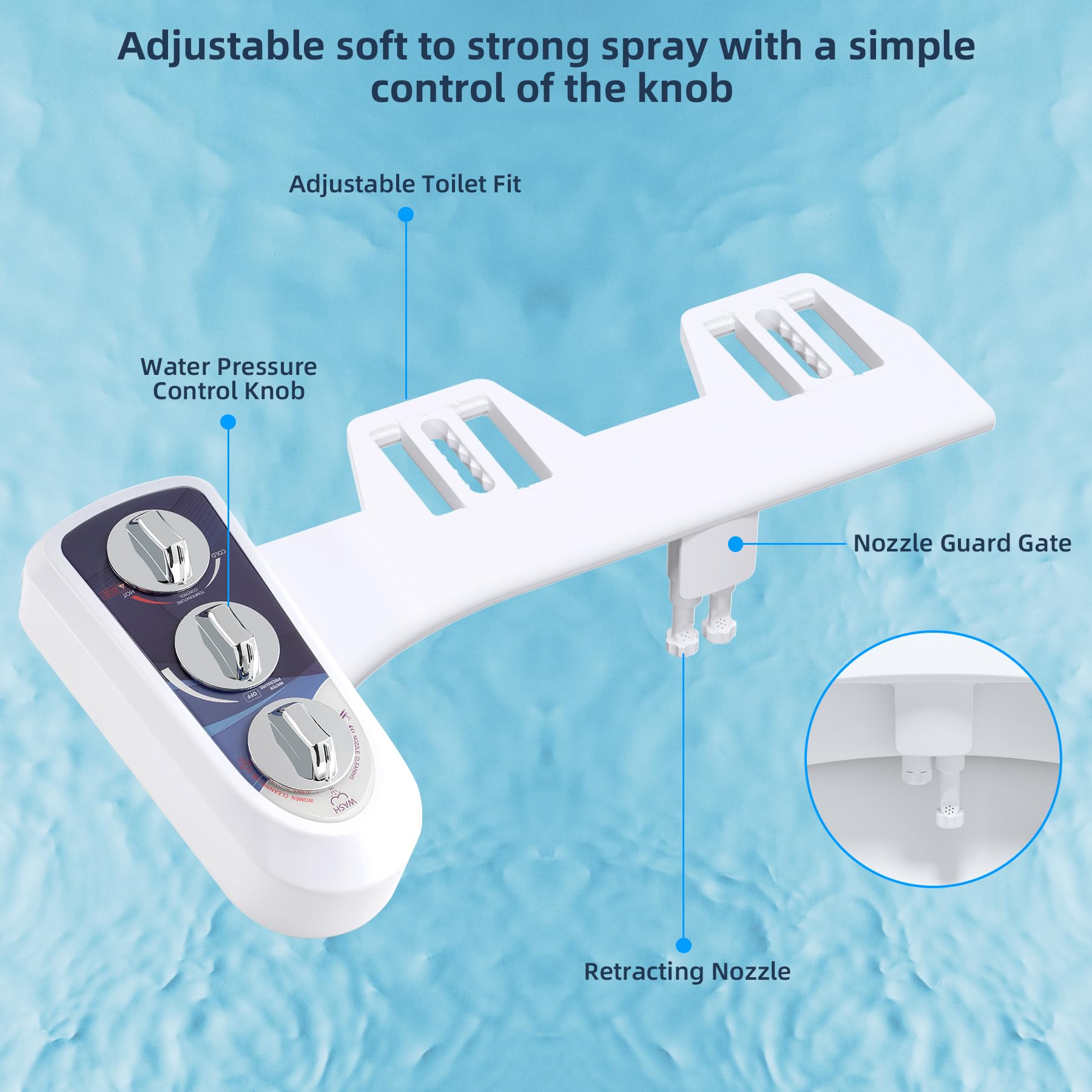 Compact mechanical bidet that fits without replacing the toilet.